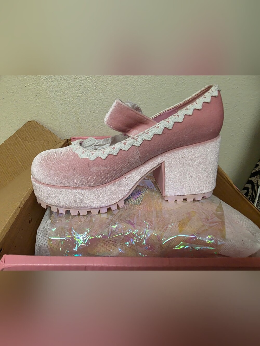 Sugar Thrillz Pink Velvet Mary Jane Block Heel
